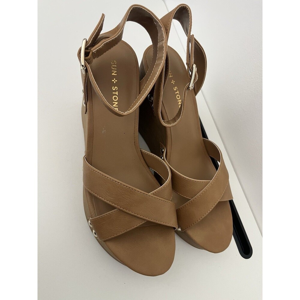 Sun + Stone Women’s Tiaraa Ankle Strap Heeled Wedge Sandals Size 10M Brown - Picture 5 of 11